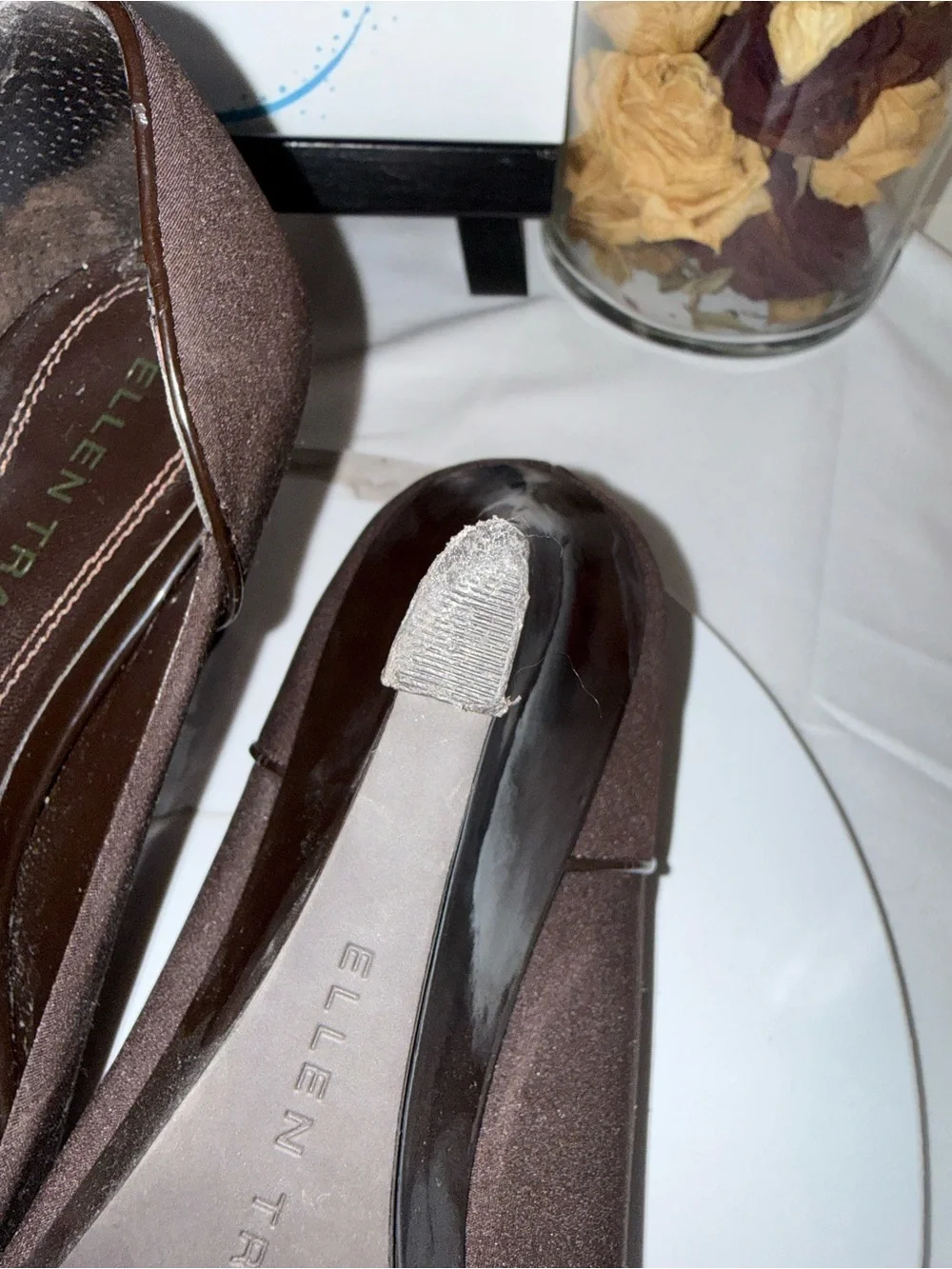 Ellen Tracy Dark Brown Peep-Toe Wedge Heels